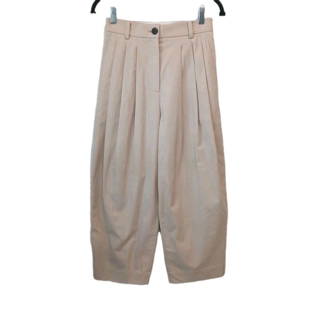 COS Size 2 Wide Barrel Leg High Rise Tailored Pleated Trousers Pants Tan Khaki
